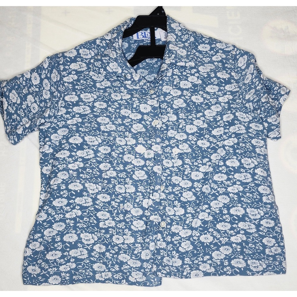 VTG BFA Classics Womens‎ L-P Blue Floral Button Down Short Sleeve Collared Shirt
